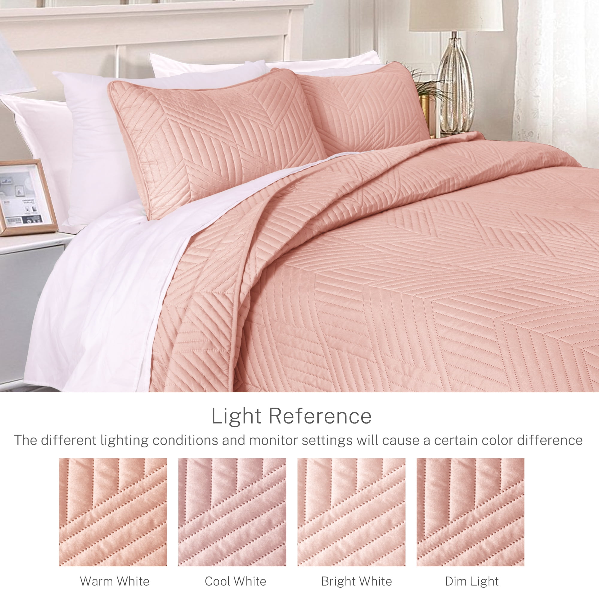 Exclusivo Mezcla Ultrasonic King Quilt Bedding Set, Lightweight Blush Pink Bedspreads Soft Modern Geometric Coverlet Set
