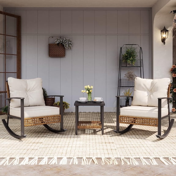 PATIOEASY 3-Piece Rocking Bistro Set, Outdoor Patio Furniture with Thick Cushions and 2-Tier Coffee Table for Garden, Balcony, Backyard (Beige)