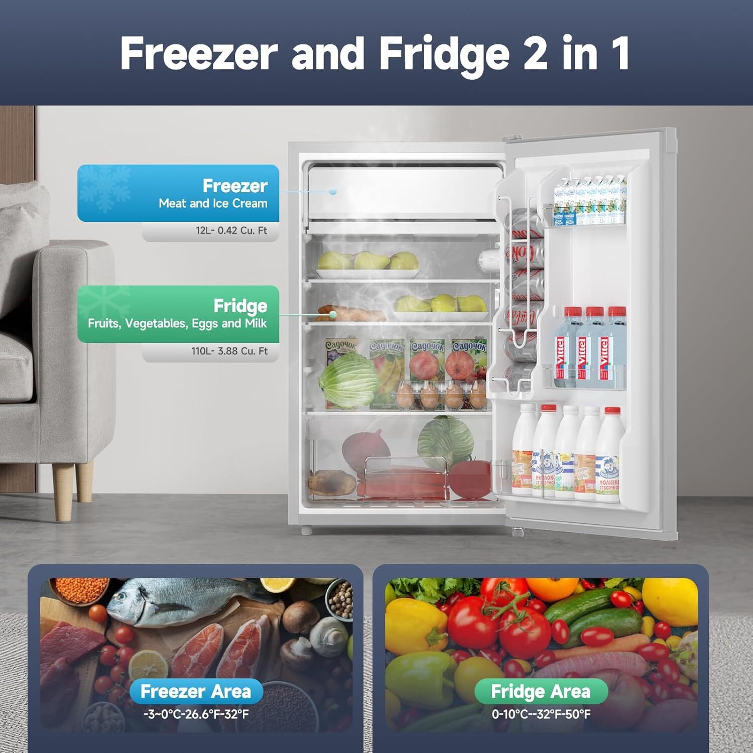KATIDAP 4.3 Cu. Ft Mini Fridge With Freezer, Single Door Mini Fridge, 7 Settings Adjustable Thermostat, Mini Refrigerator for Bedroom,Rv, Office, Dorm, Gray