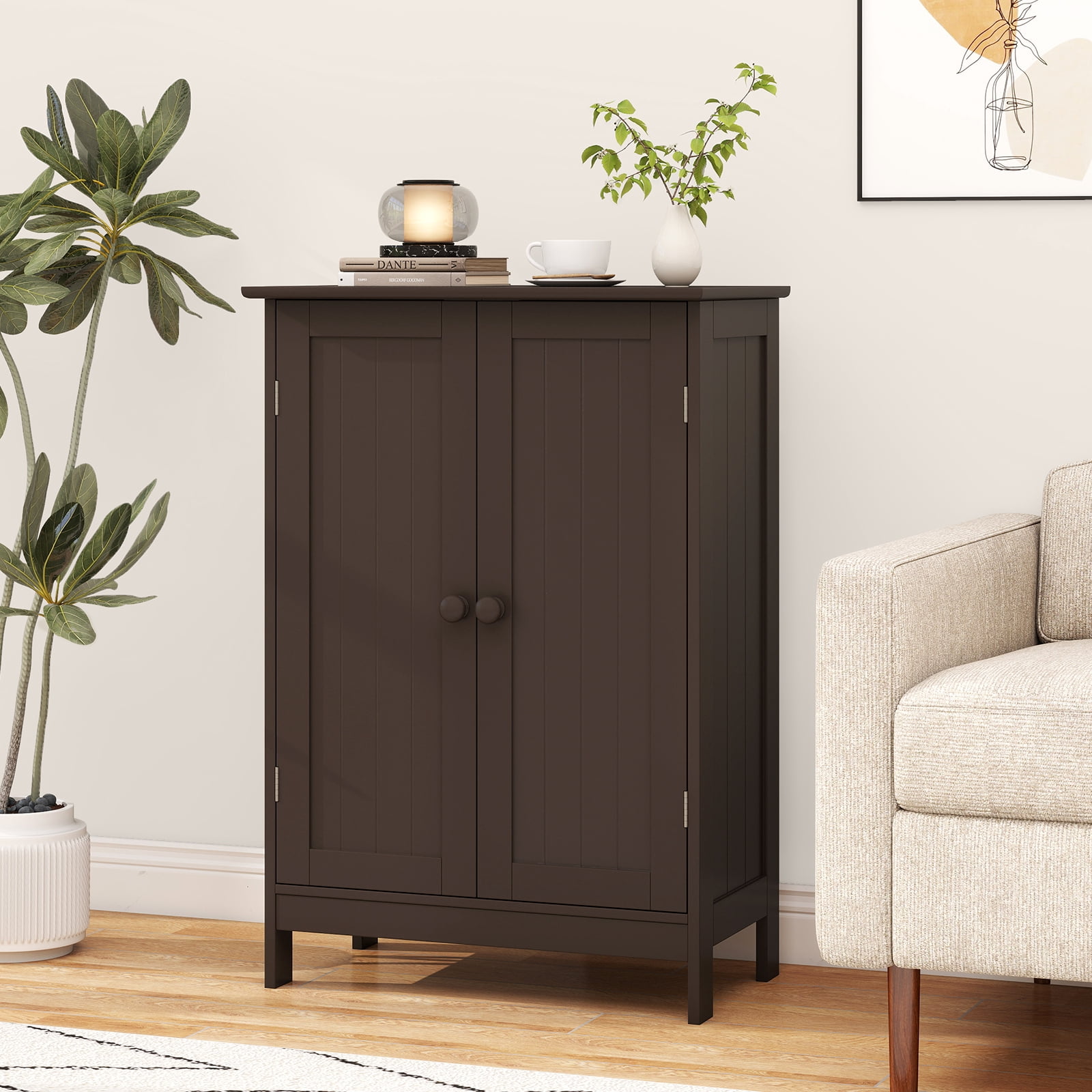 Gymax Bathroom Storage Cabinet Freestanding Wooden Floor Cabinet w/ Double Doors Adjustable Shelf Modern Storage Organizers for Kitchen Living Room Entryway Brown