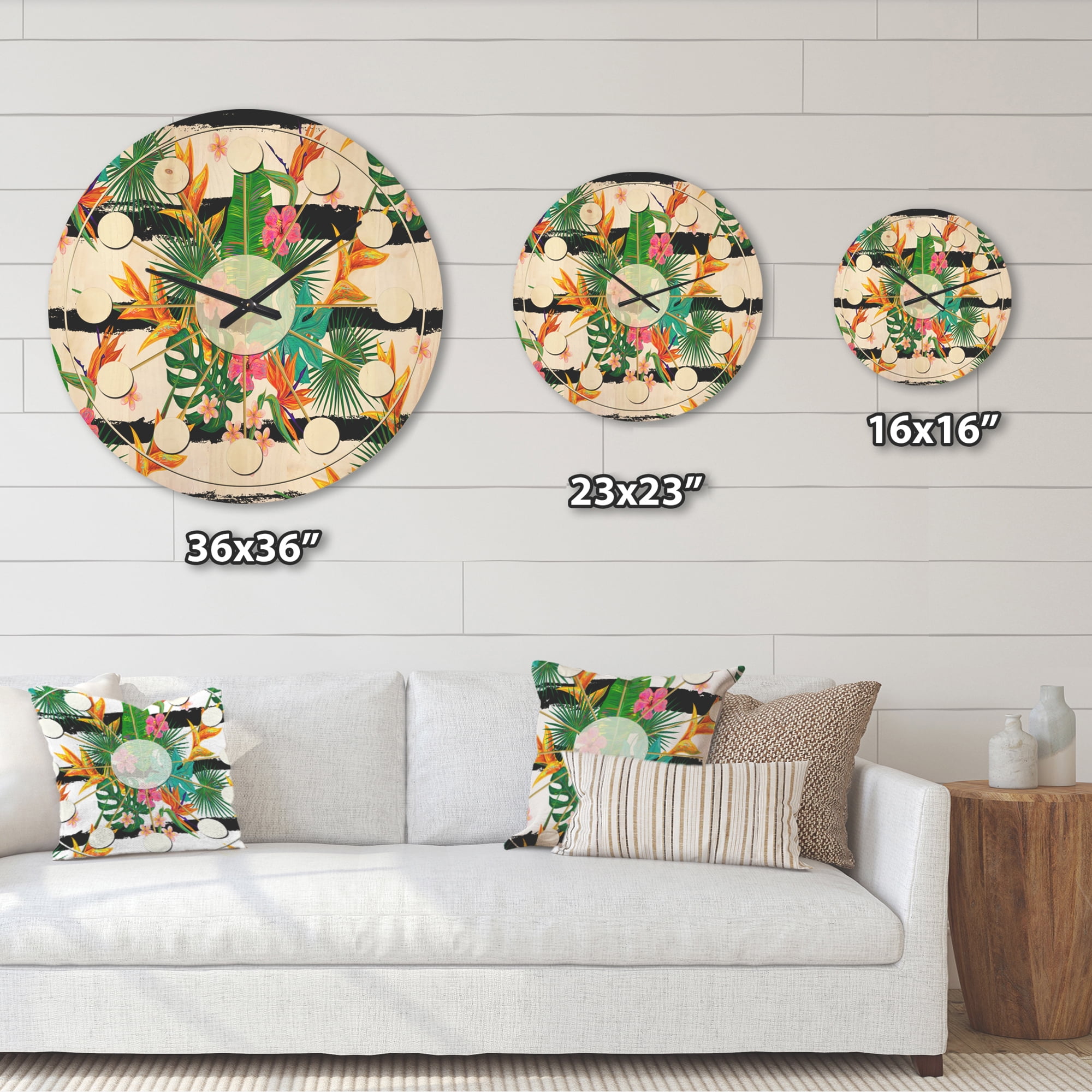 Designart 'Tropical Leaves Retro Pattern II' Mid-Century Modern Wood Wall Clock