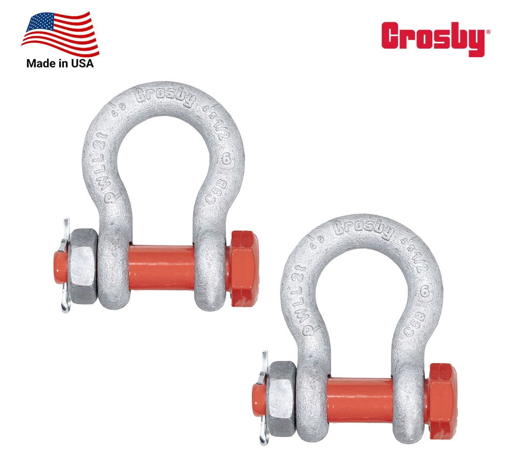 2 Pack Crosby G-2130 1/2" Anchor Shackle Carbon Steel w/Safety Screw Pin 4,400 lbs WLL, Galvanized Heavy Duty D Ring Bolt Type Shackle for Towing, Rigging & Vehicle Recovery, 1019472