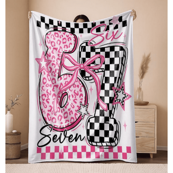 2D Flat Printing 1pc Cute pink leopard print bow with the number 67 Pattern Printed Blanket Flannel Fleece All Season Light Weight Living Room/Bedroom Warm Blanket Flannel Throw Blanket