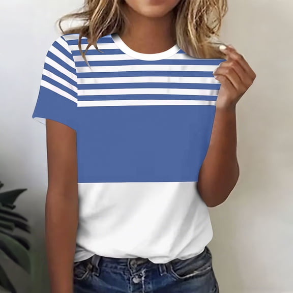 ITSAME Womens Tops, Short Sleeve Round Neck Striped Print Summer Casual Fashion Blouses Blue Size L