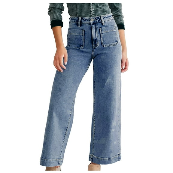 Hauaitttt Wide Leg Jeans for Women High Waisted Flare Jeans Cropped Denim Pants Stretchy Baggy with Patch Pockets No Kvetching plus Size Women Pants Classic plus Womens Pants 14 Tall Denim Knit