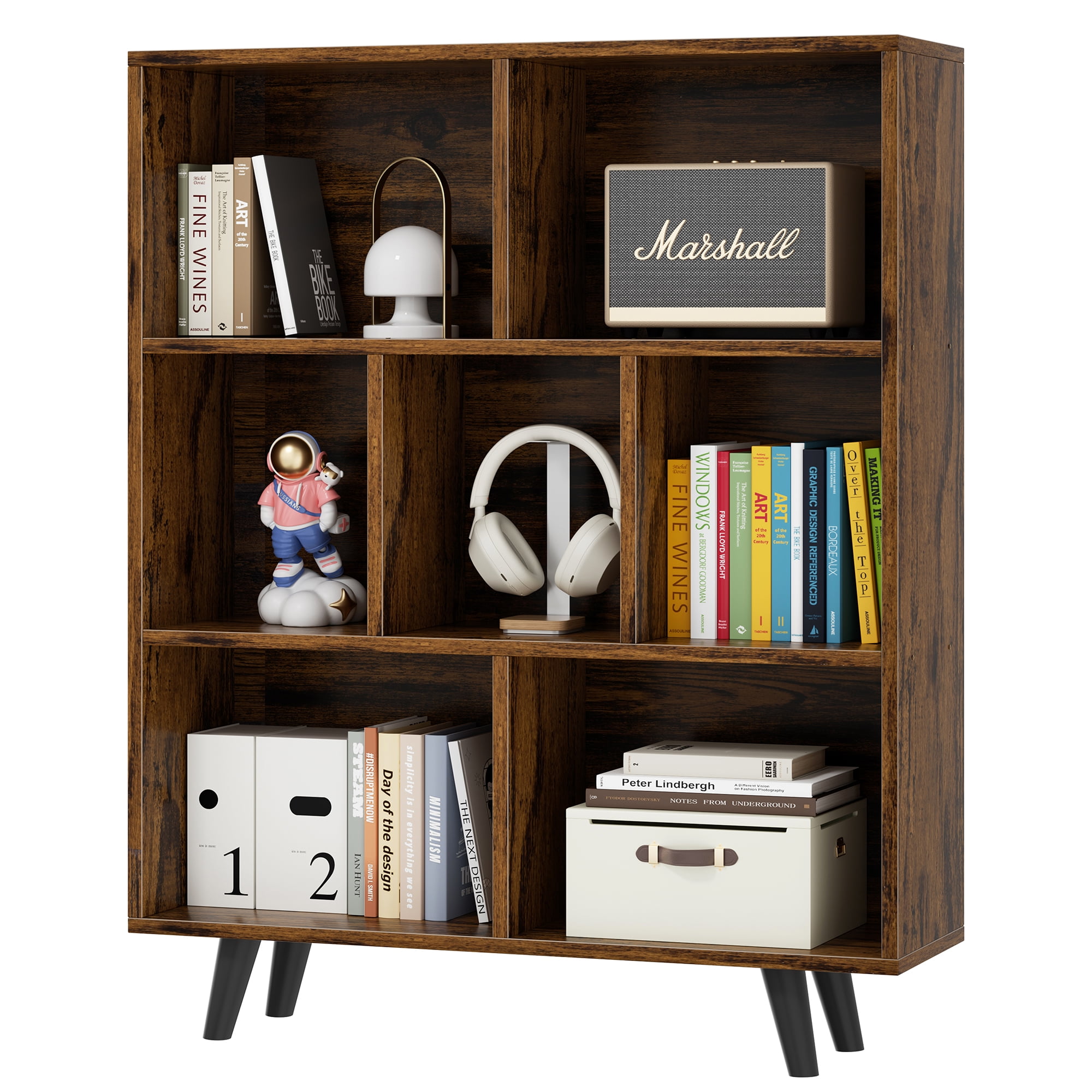 Walsunny Cube Bookcases Bookshelves 7 Cube Organizers with Legs 43" Tall Wooden Open Storage Display Bookshelf for Living Room Bedroom Office Brown