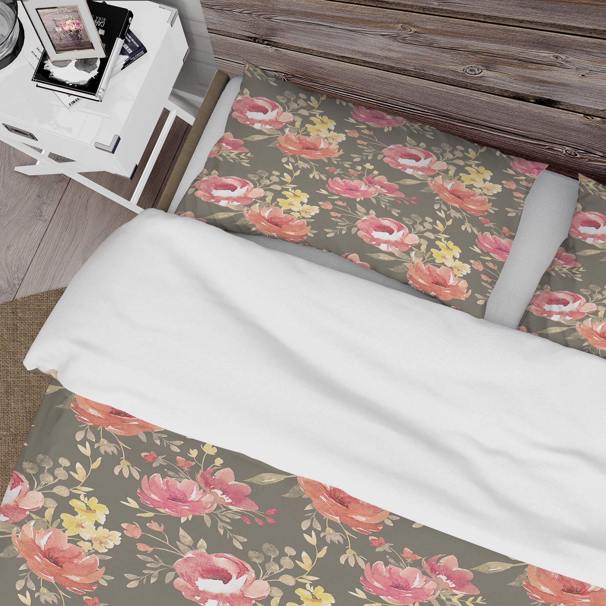 Designart 'Watercolor Pink, Yellow and Red Flowers' Floral Duvet Cover Set