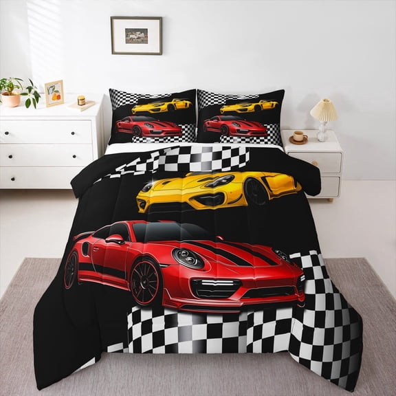 Sports Car Comforter Set Twin Size,Red and Yellow Racing Car Bedding Set Teens Bedroom Decor,Black White Plaid Grid Print Quilt Set