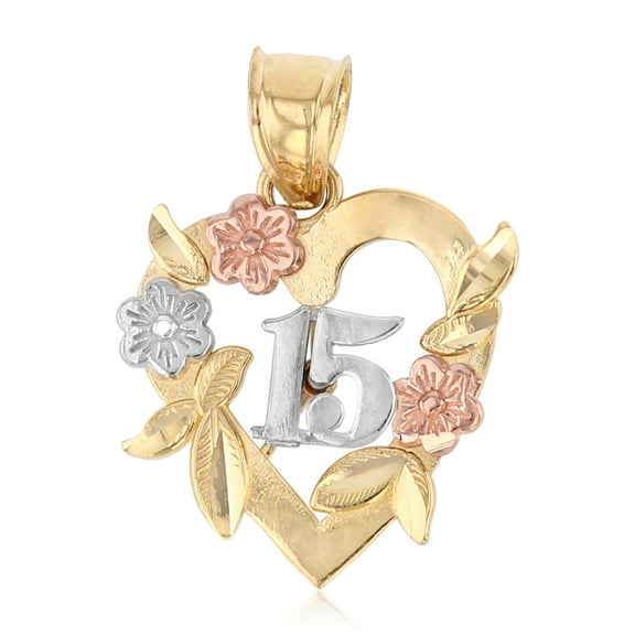Ioka-14K Tri Color Gold 15 Years Quinceanera Years Heart Charm Pendant For Necklace or Chain
