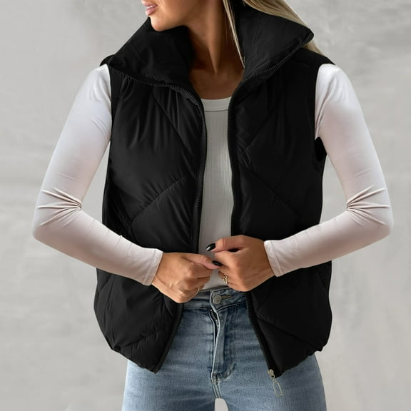 Black Vest Women Puffer Quilted Puffer Vest Zip Up Sleeveless Outerwear Jacket Black L Women'S Clearance
