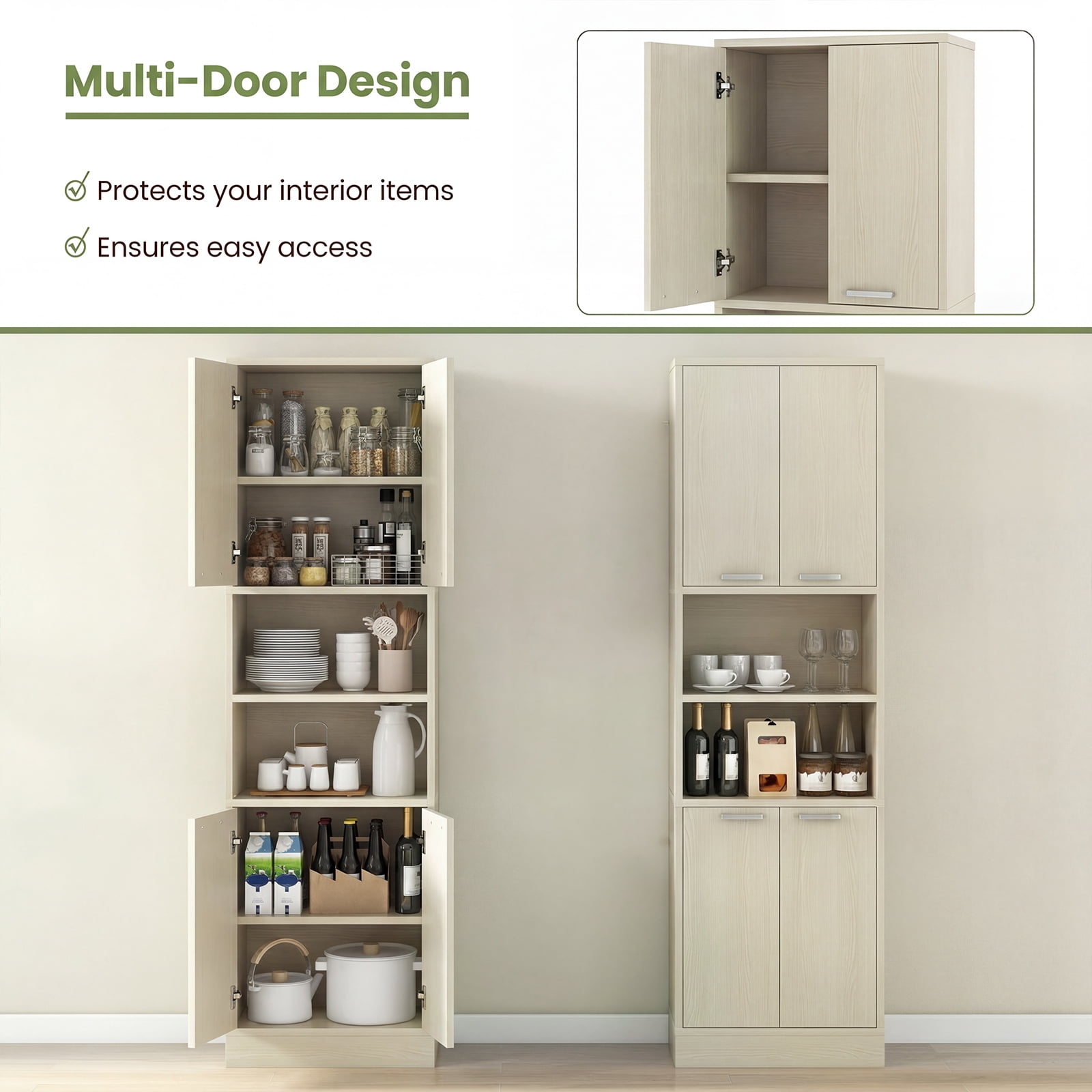 Costway Kitchen Pantry Cabinet, 75” Tall Freestanding Cupboard with Doors & Shelves Light Oak
