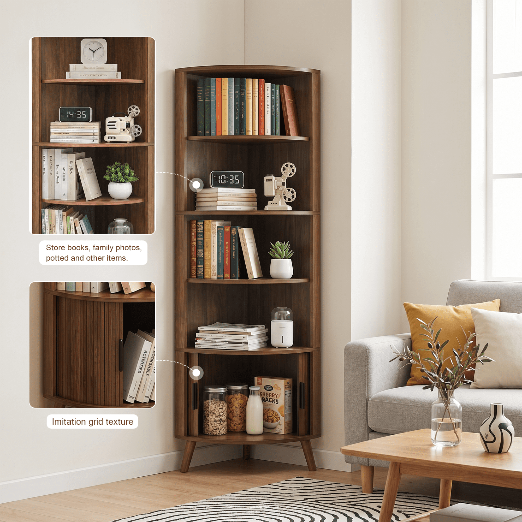 Leumius 5-Tier Corner Bookshelf, Freestanding Wood Corner Shelf with Sliding Doors & Open Shelves, Saving Space, Modern Corner Storage Cabinet for Living Room, Kitchen, Office (Walnut)