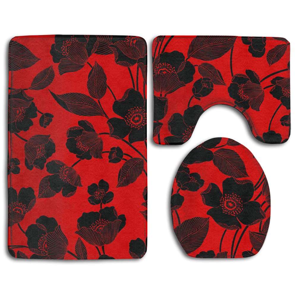PUDMAD Flowers Red and Black 3 Piece Bathroom Rugs Set Bath Rug Contour