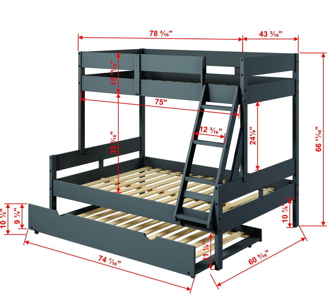 Donco Kids Low Board Panel Twin Over Full Bunkbed with Trundle, Dark Grey