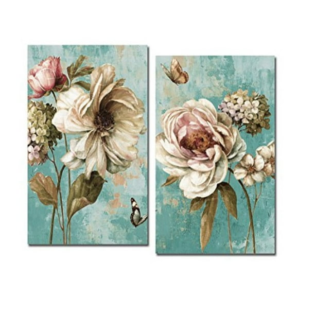 vintage teal giclee canvas wall art set, blooming flower on teal wall ...