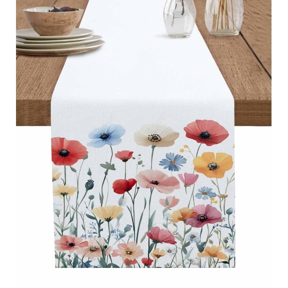 Colorful Floral Table Runner Cotton Linen 90 Inch Holiday Dresser Scarves, Botanical Garden Flowers Tablerunner for Kitchen Coffee Dining Bedroom Home Living Room Dinner Scarf Décor 13''x90''