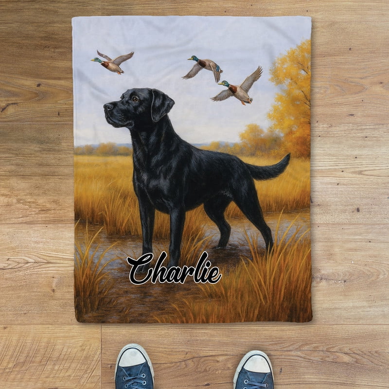 Custom Name Black Labrador Hunting Ducks Blanket - Personalized Perfect for Dog Lovers and Pet Owners, Wildlife Art with Ducks Flying, Cozy Throw