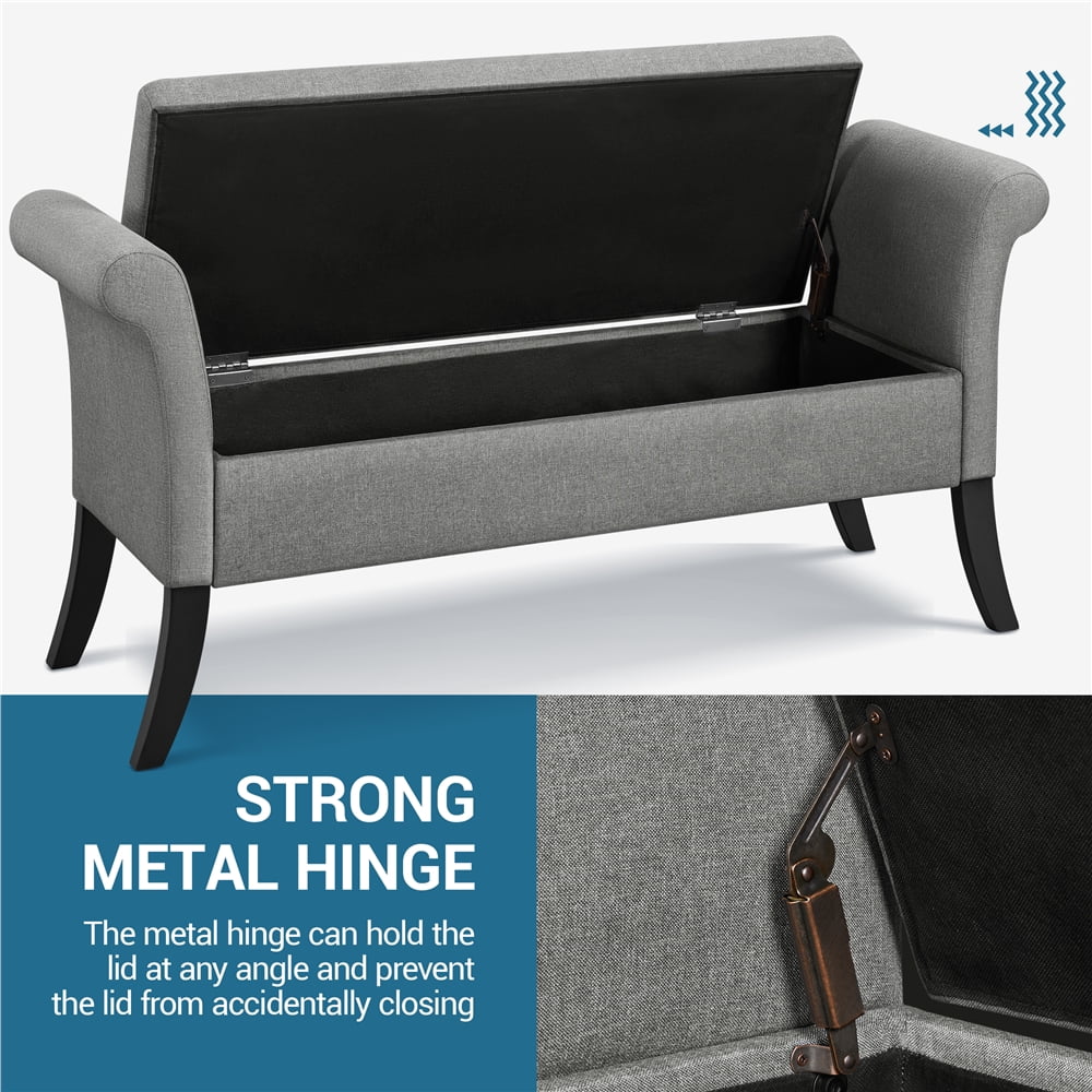 Yaheetech 18"H Modern Fabric Tufted Storage Ottoman Bench with Rolled Arms, Light Gray