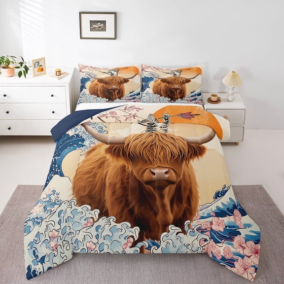 Erosebridal Japanese Style Twin Size Comforter Set Fun Cat Highland Cow Bedding Set , Sea Ocean Wave Down Comforter Kawaii Kitten Bed Set, Chic Cherry Blossoms Quilted Duvet