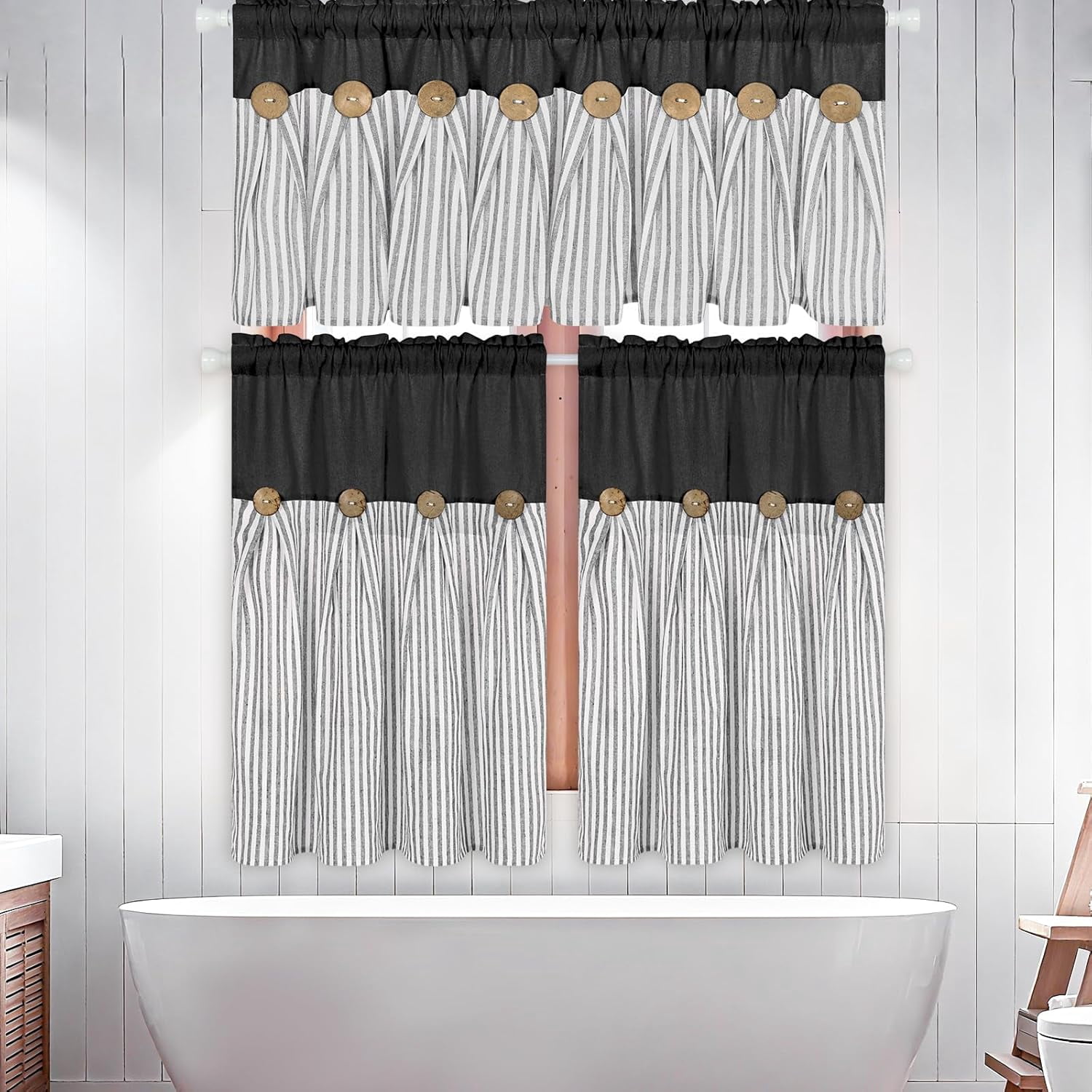 Alishomtll Stripe Kitchen Curtains 8 Button Linen Cotton Window Curtains Sets 36 Inches Long ,Rod Pocket ,Black
