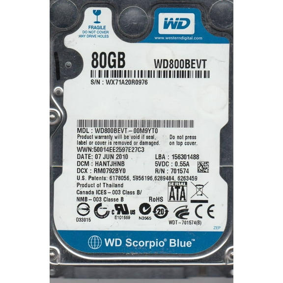 WD800BEVT-00M9YT0, DCM HANTJHNB, Western Digital 80GB SATA 2.5 Hard Drive