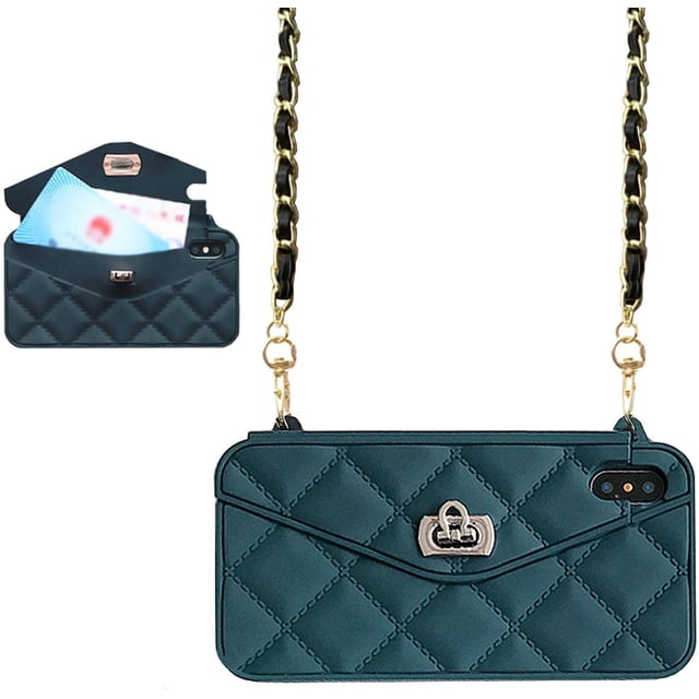 Wallet Case Compatible with iPhone, Pretty Luxury Bag Design, Purse Flip Card Pouch Cover Soft Silicone Case with Hand Holder Long Shoulder Strap(Dark Green,iPhone 12 Pro max)