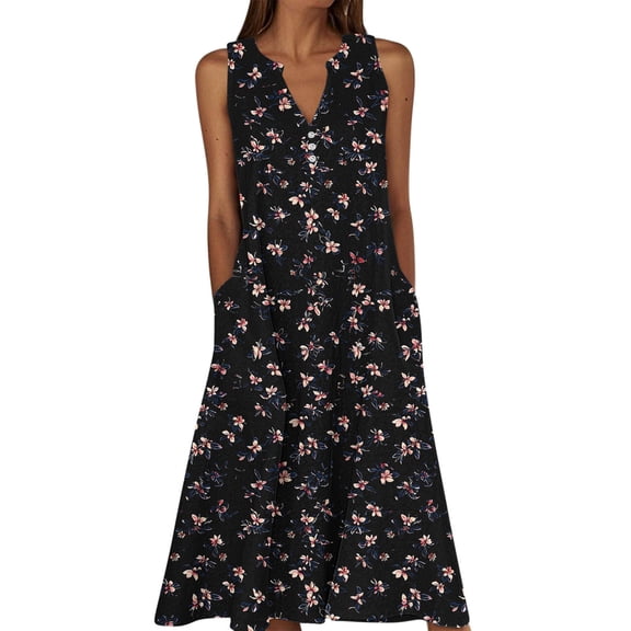 Abomasnow Women's Summer Dresses Sleeveless V-Neck Flowery Printed Swing Tank Sundress Casual Soft Beach Vacation Pleated T-Shirt Long Dress