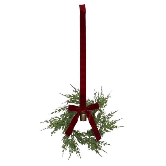Mini Christmas Cedar Wreath 12 Inch with Deep Red Bow and Vintage Bells, Artificial Pine Cypress Leaves for Kitchen Cabinet Window, Farmhouse Indoor Home Decor for Fireplace Mantel