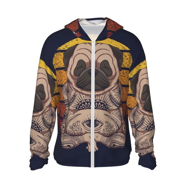 Fotbe Pug dog Yoga Chaqueta con Protección Solar UPF 50+ para Hombre y Mujer, Camisa con Capucha y Bolsillos-Large