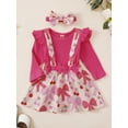 thumbnail image 6 of Aojekbee Baby Girl Fall Outfits Solid Color Long Sleeve Romper Floral/Strawberry Print Suspender Skirt Headband 3Pcs Clothes Set, 6 of 9