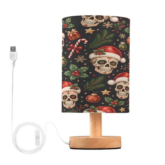 Christmas Skull Santa Table Lamp, Fully Dimmable Nightstand Lamp with USB and Linen Fabric Shade, Modern Gifts for Bedroom, Living Room, Office