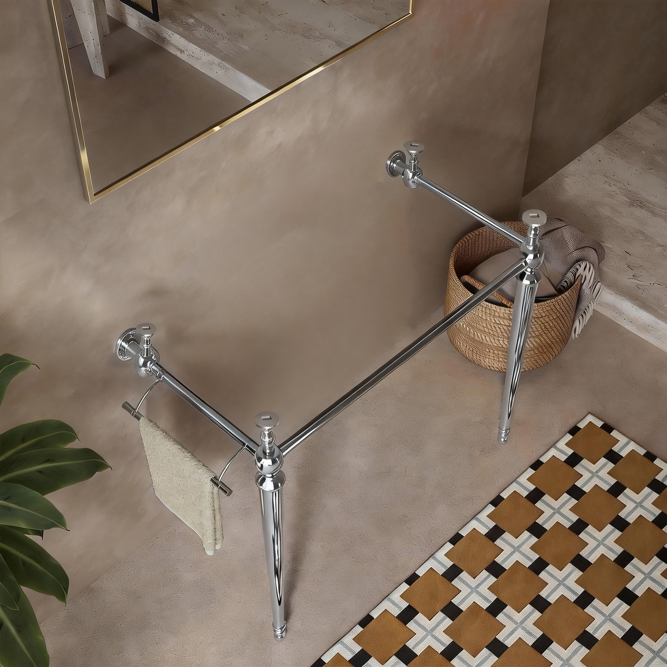 Noble House Vici 36" Freestanding Bathroom Console Vanity Open Frame with Towel Bar, Heavy-Duty Iron Legs, Chrome