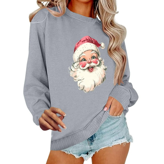 Hoodless Sweatshirts for Women Christmas Print V Neck Christmas Long Sleeve Pullover Solid Color Casual Tops