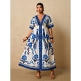 thumbnail image 4 of Blue And White Floral V-Neck Short Sleeve Wrap Maxi Dress For Women, 4 of 8