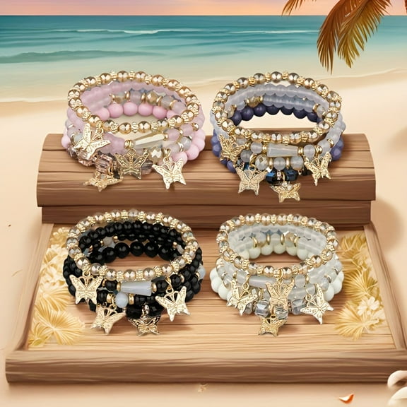 16pcs/ set of Bohemian Elegant Hand Gifts, Sparkling Crystal Butterfly Multi-layer Beaded Fashion Bracelet, Elastic Charm Beaded Bracelet, Perfect Gift for Fashion Lady - DIY Beads,16 Pieces