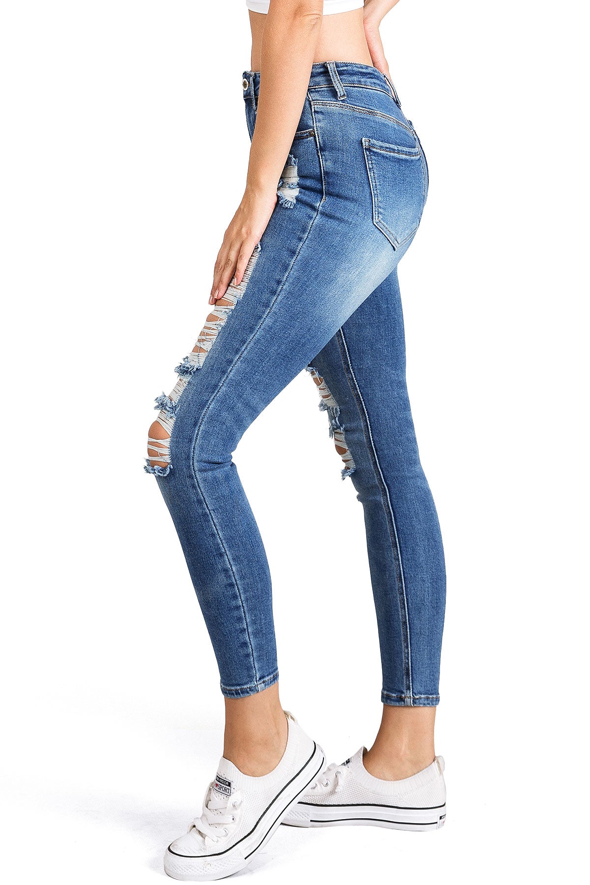 Wax Jean Women's Juniors Distressed High Rise Ankle Skinny Jeans (0, Medium Denim) - image 2 of 5