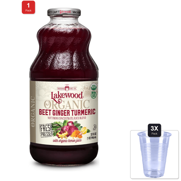 1 Pack | Lakewood Organic Beet Ginger Turmeric Juice, 32 Fz & 3x Disposable Cup