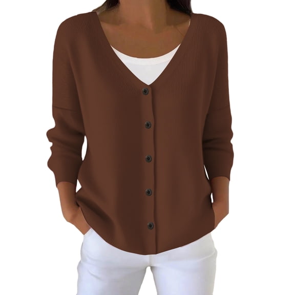 CYRBOKO Women's Cardigan Sweaters, Button Closure V Neck Long Sleeve Lightweight Soft Knit Casual Women Tops Brown Size 3XL