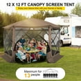 thumbnail image 6 of Hoteel 12x12 Pop Up Gazebo Propped-up Canopy Camping Tent with Mosquito Nettings, Waterproof, UV 50+ Resistant, Hub Tent Instant Screened Canopy with Mesh Windows, Carry Bag & Ground Stakes, Brown, 6 of 9
