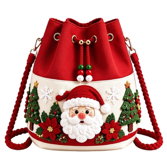 Christmas Crochet Bucket Crossbody Bag, Handmade Knitted Drawstring Purse, Festive Holiday Shoulder Bag in Santa Claus Unique Designs for Winter Gifting.