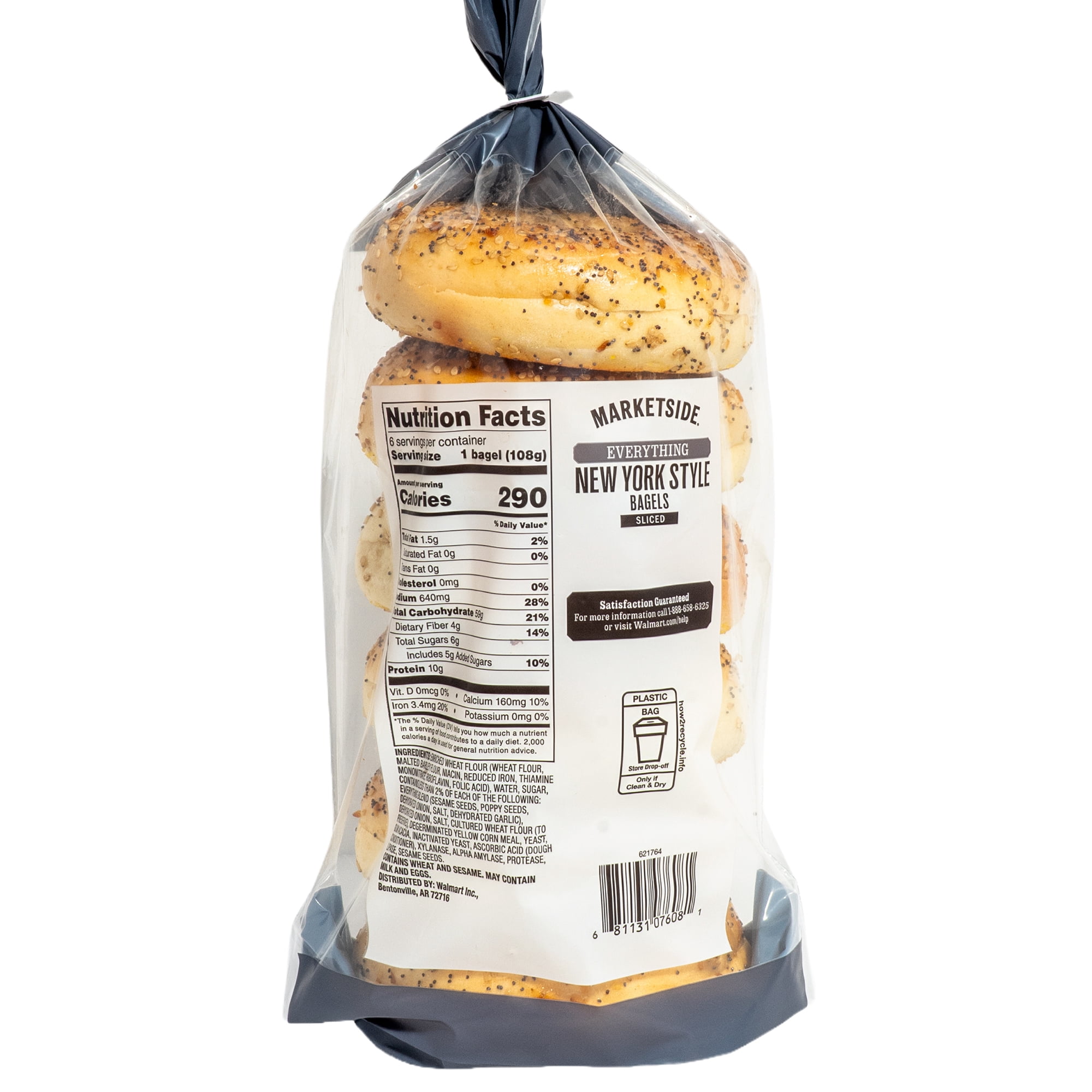 Marketside Fresh Pre-Sliced Everything Bagels, New York Style, 22.8oz, 6 Count