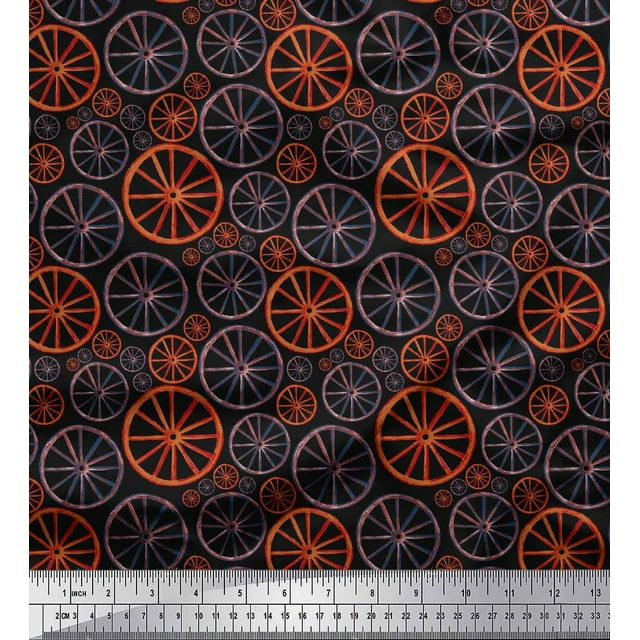 Soimoi Tissu Crêpe polyester Noir Roue Ethnique Imprimé 1 Yard 42 Pouces de Large