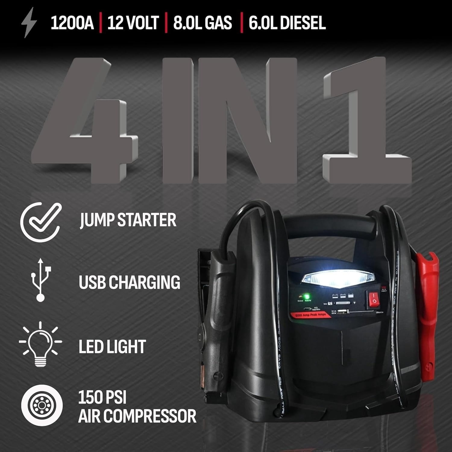 1200A Lithium Car Battery Jump Starter and Power Station, 4-in-1 Solution, 150-PSI Air Compressor, 2.4A USB Charging, for 12V Power Sport, Automotive, and Marine Batteries, SL1562