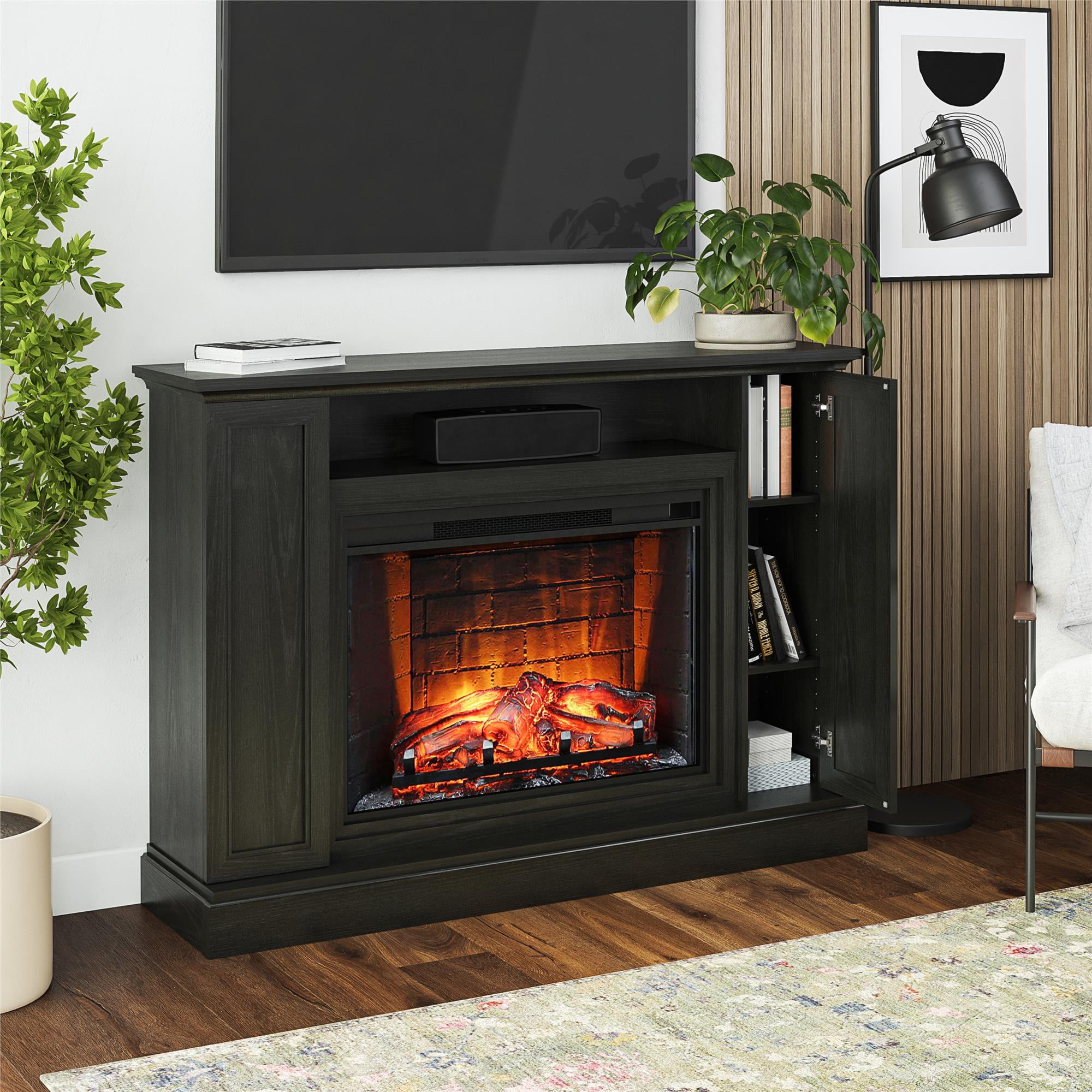 Ameriwood Home Palazzo Multi-Colored Electric Fireplace Mantel TV Stand with Storage for TVs up to 65", Black Oak