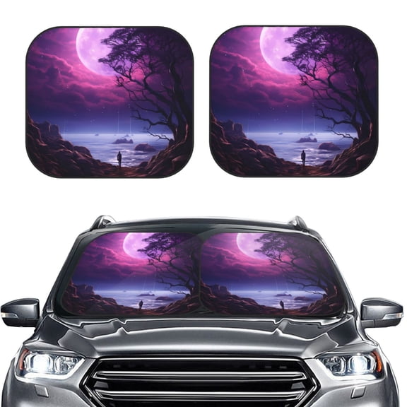 Kdxio Purple Moon Tree Night Sky Print 2-Piece Sun Shade Front Windshield - Foldable Car Front Window Sunshades for Most Sedans SUV Truck