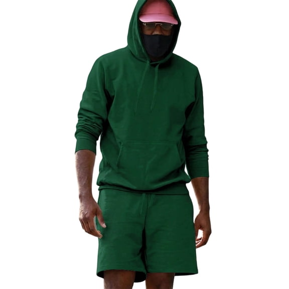 Men's Hoodie and Shorts Set 2 Piece Tracksuit Long Sleeve Pullover Hoodie with Kangaroo Pocket Drawstring Waist Shorts Casual Sportswear