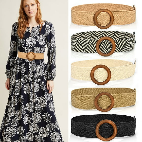 Wide Stretch Waist Belt with Wooden Buckle Decorative Accessory for Dresses and Coats