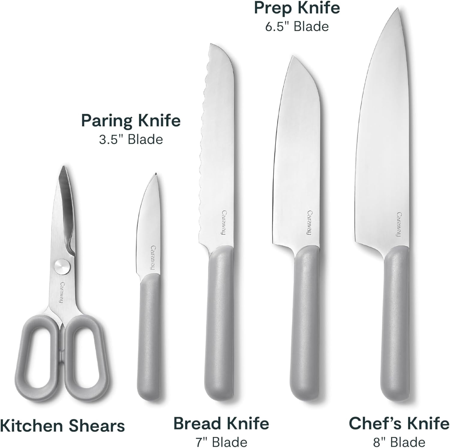 Caraway 5 Piece Knife Set - Premium German Steel Blade Kitchen Knives - Ergonomic Handles - No Microplastics - Gray