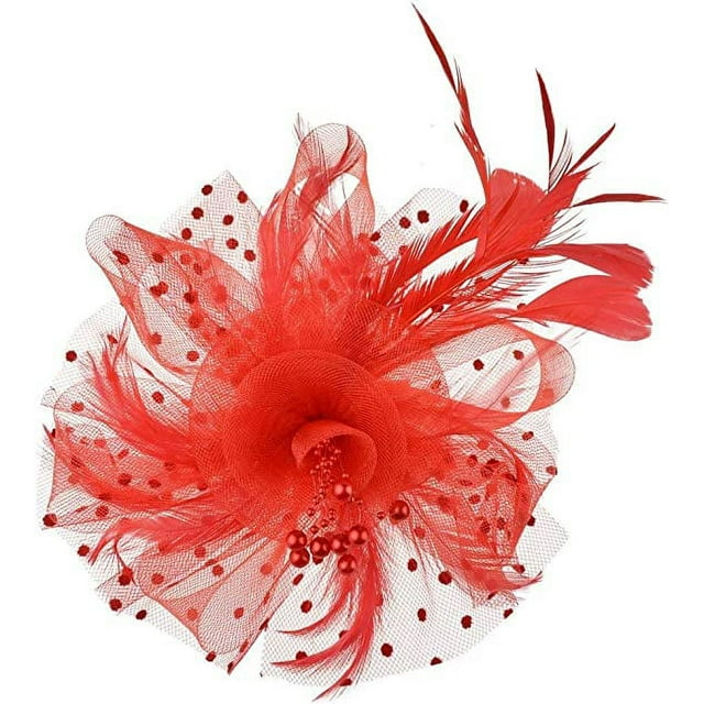 Tocado rojo con plumas para boda, diadema para el día de las señoras y clip, sombrero para fiesta de té y cóctel para niñas y mujeres