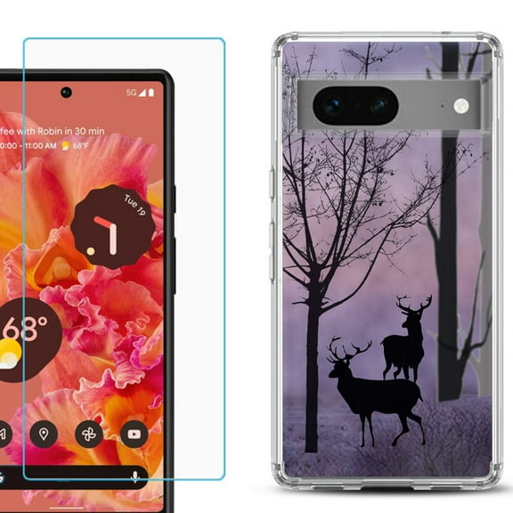 Slim-Fit Gel TPU Phone Case for Google Pixel 7, with Tempered Glass Screen Protector, by OneToughShield ® - Forest/Deer/Twilight